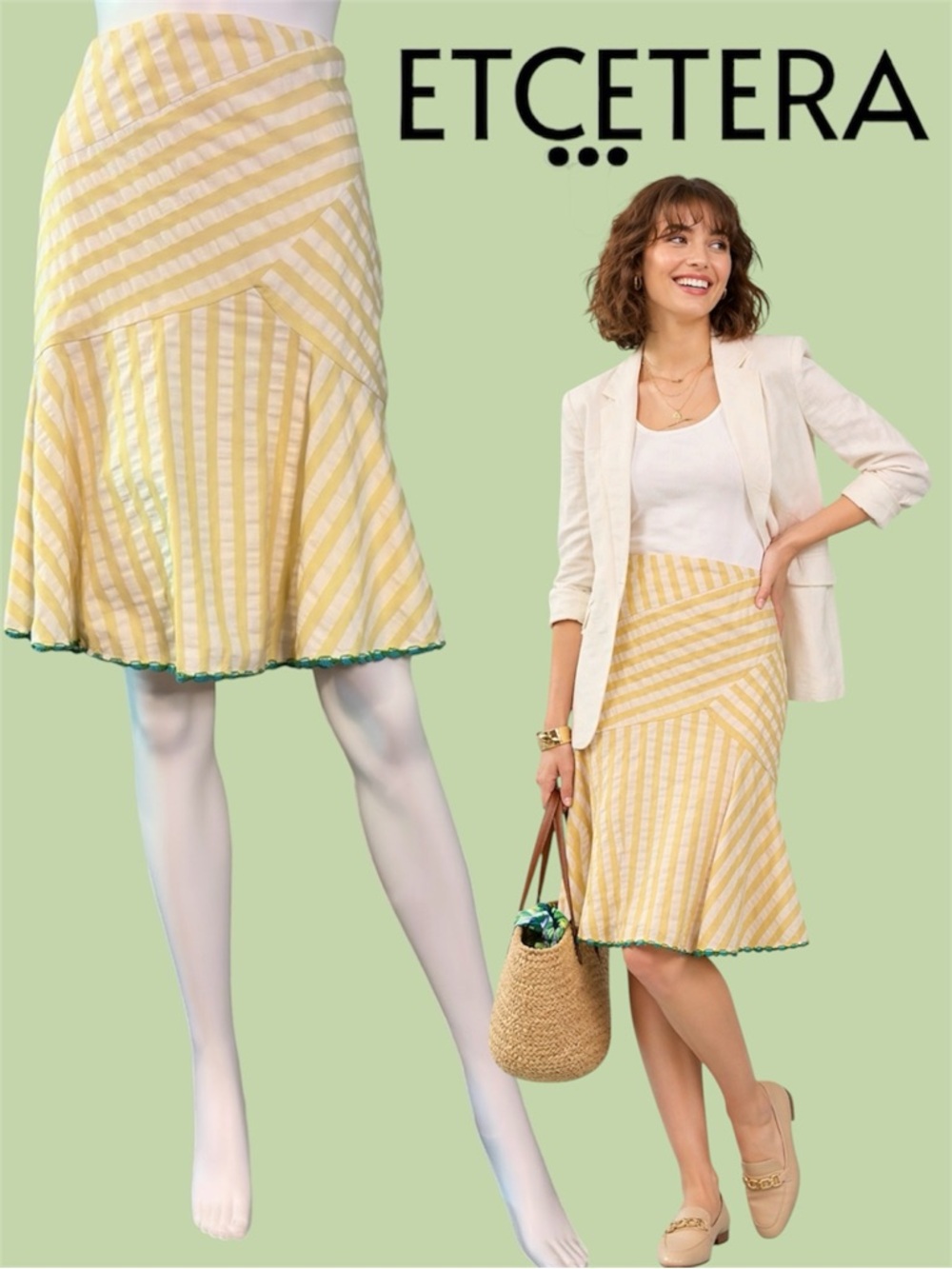 Etcetera Women’s Yellow Striped Flared Cotton Seersucker Suit Skirt Size 8